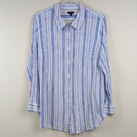 Talbots Plus Blue & White Cotton Button Front Shirt Classic Mixed Striped Top - Picture 1 of 8
